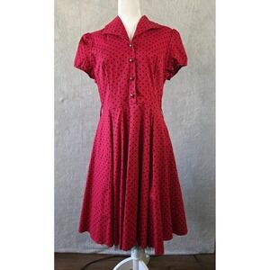 GUC Hearts & Roses Dress Womens 12 Red Polka Dot Shirt Fit Flare 50s Rockabilly